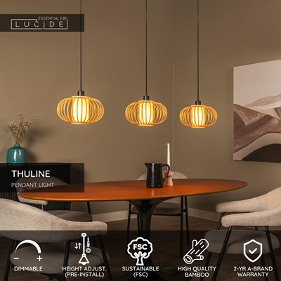 Lucide THULINE - Pendant light - 3xE27 - Light Wood Look | Essential